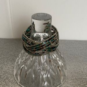 Beaded, Wired Cuff Bracelet (teal/brown/gold/clear strands w/wrapped wire)
